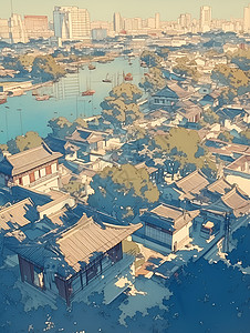 江流坐落在城市里的传统建筑插画