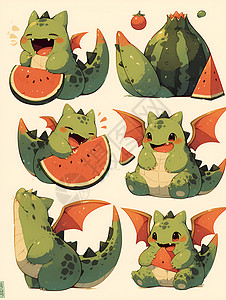 可爱西瓜表情小恐龙吃西瓜插画