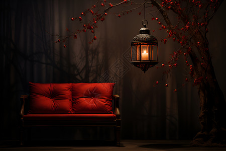 红沙发沙发旁的灯笼背景