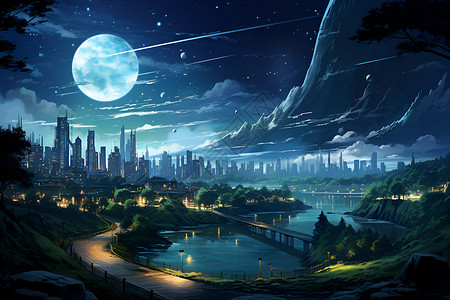 夜晚城市插画满月下的太阳能城市插画