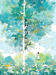小清新植物插画背景森林里的树木背景