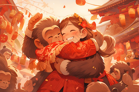 女孩与红色小猴子背景图片