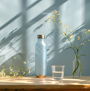 蓝色水杯桌子上的杯子和花瓶背景