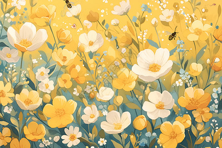 盛放花海里的蜜蜂背景图片