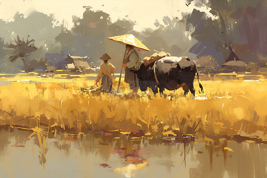 金色稻田中的农民图片