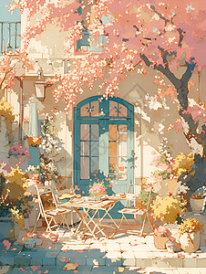 庭院桌椅种满桃树的庭院插画