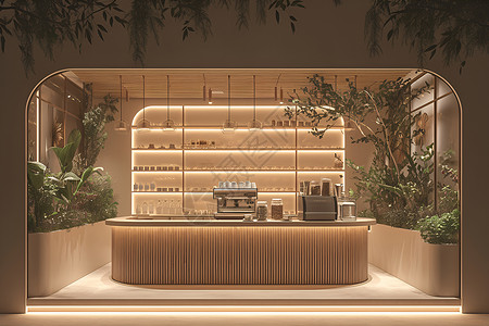 茶饮店的木质吧台背景图片