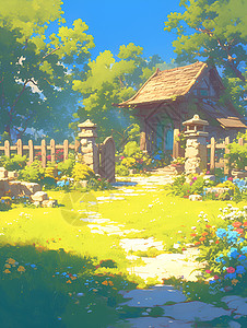 草地间的村屋背景图片
