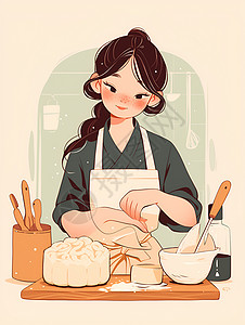 烹饪女性月饼制作插画