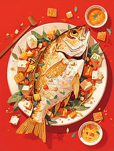 美食盘子里的鱼盘子里的鱼插画