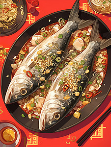 美食盘子里的鱼盘子里的两条鱼插画