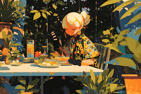 餐桌阳光花丛里吃饭的女人插画