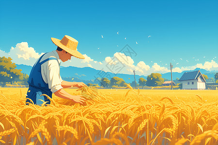 稻杆金色稻田里的农民插画