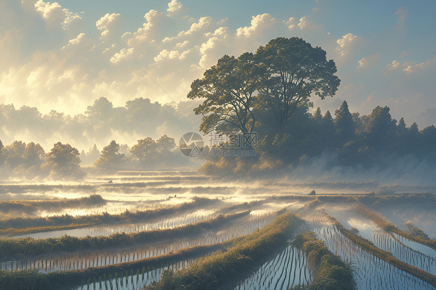 晨雾笼罩下的稻田图片