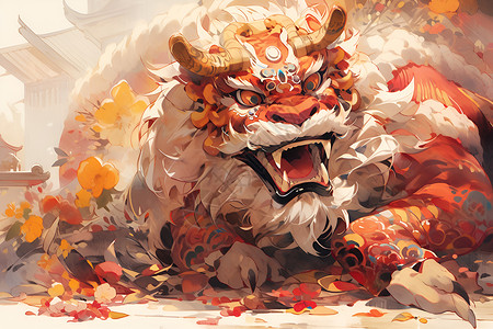 中国舞狮色插画背景图片