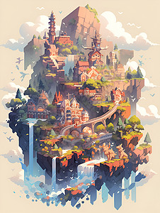 德天跨国大瀑布天空中的城堡美景插画