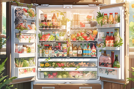 饮料柜冰箱里的食物插画