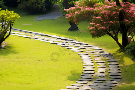 草地石板花园中的石板小径背景