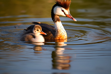 可爱蓝点颏鸟类母鸭和小鸭在池塘中背景