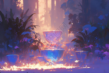 幻彩森林中的蓝色花瓶背景图片