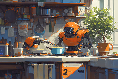生活机器人未来厨房中的机器人插画