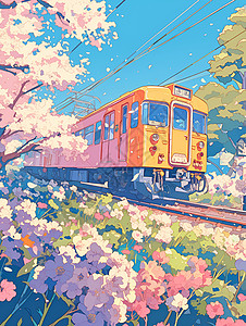 春天的期待樱花和火车高清图片