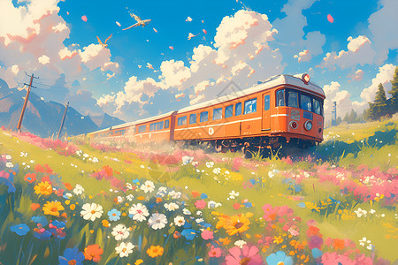 行驶的火车启程的春天列车插画
