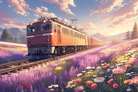 春意盎然的美景和火车背景图片