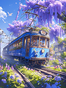 春天列车和花朵背景图片