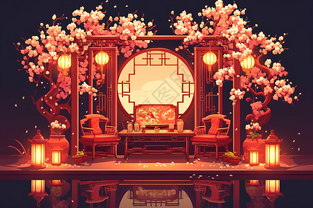 喜庆的婚房布置古典之美古风装饰插画