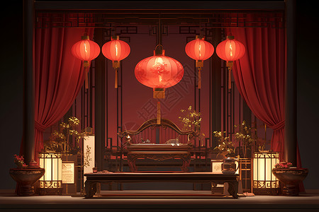 喜庆的婚房布置中国传统家居插画