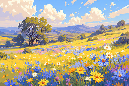 绚丽野花与起伏山丘背景图片
