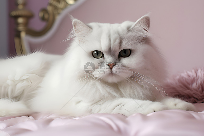 一只白色猫躺在粉色床上图片