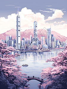 粉紫色星云光效粉紫色的香港城市插画