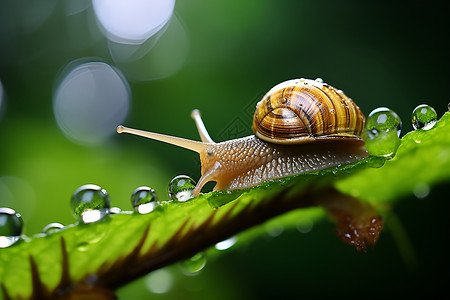蜗牛停留在小蜗牛在绿叶上背景