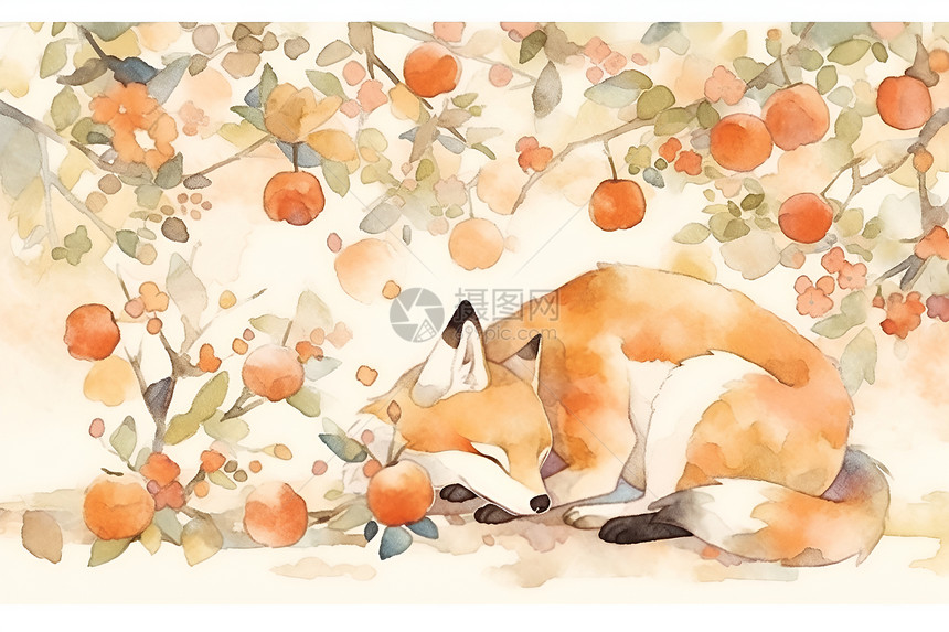 桃树下睡觉的狐狸图片