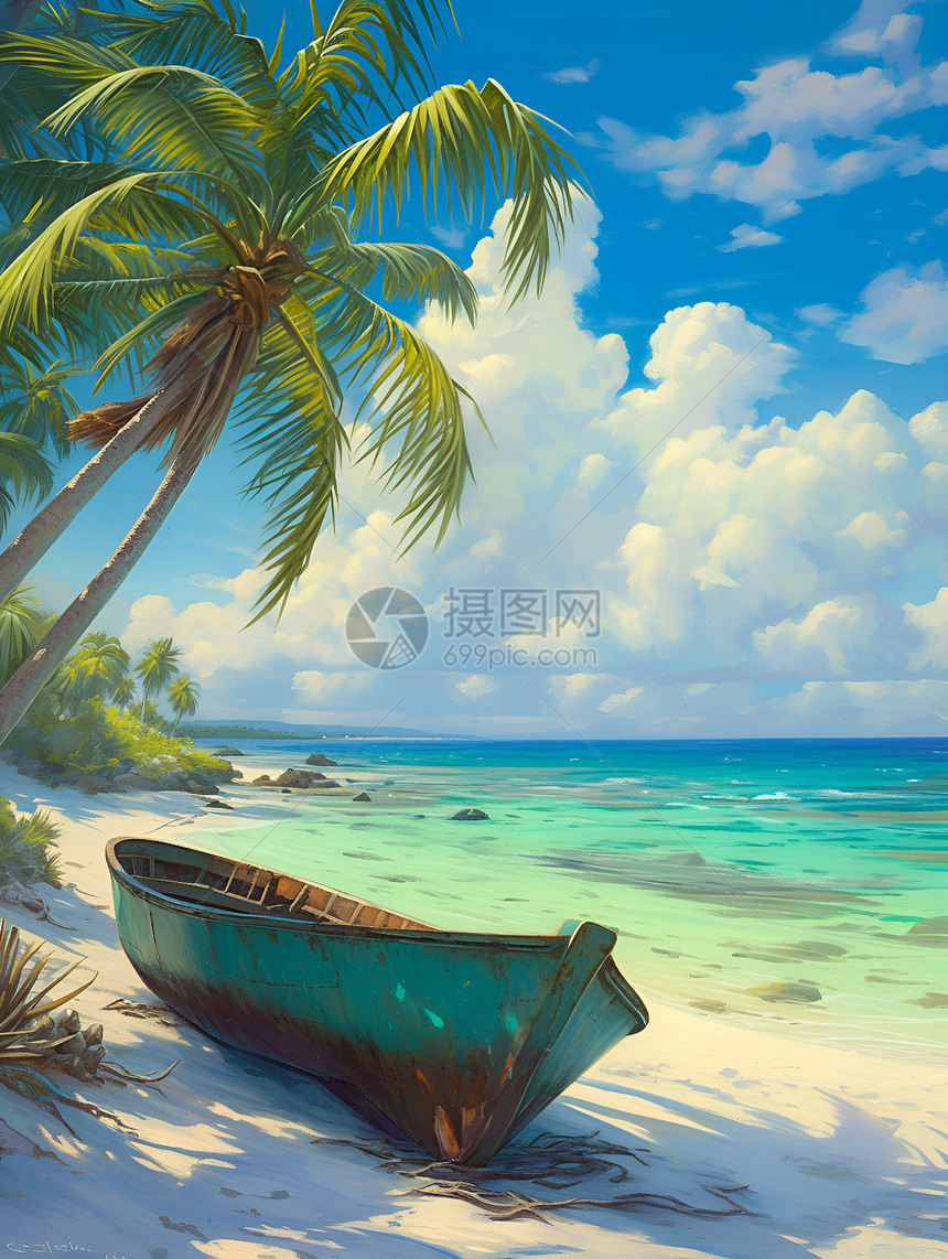 大海边的椰树和小船图片