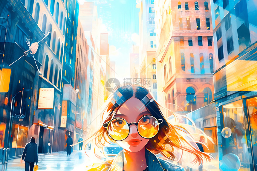 城市街头戴眼镜的女孩图片