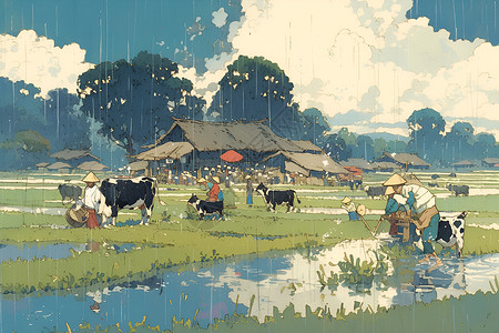 牦牛群稻田中的农民和牛群插画