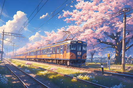 花树下的火车背景图片