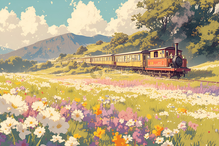 春天列车穿越花海图片
