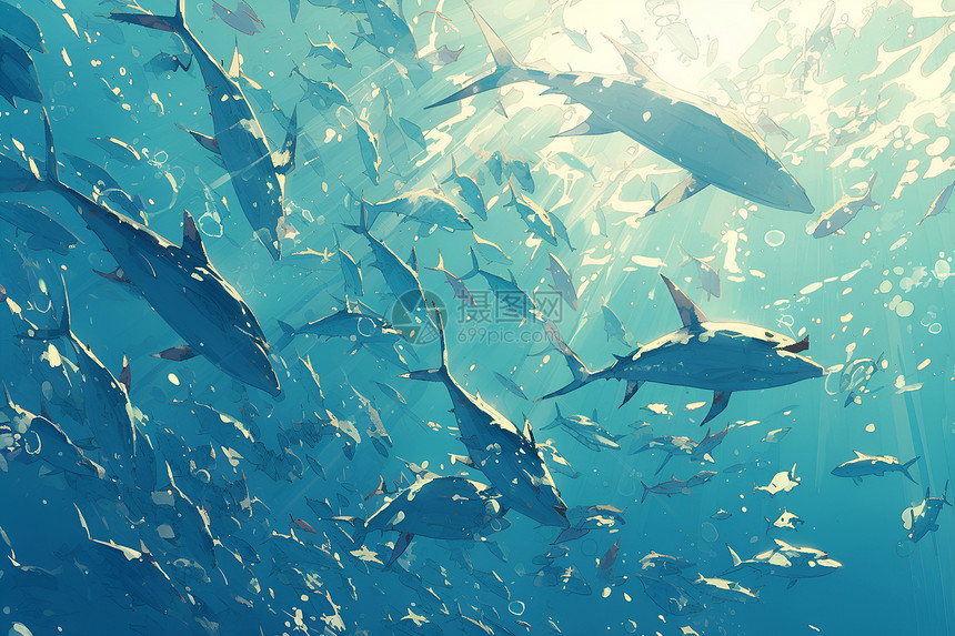 海洋中游动的鱼群图片