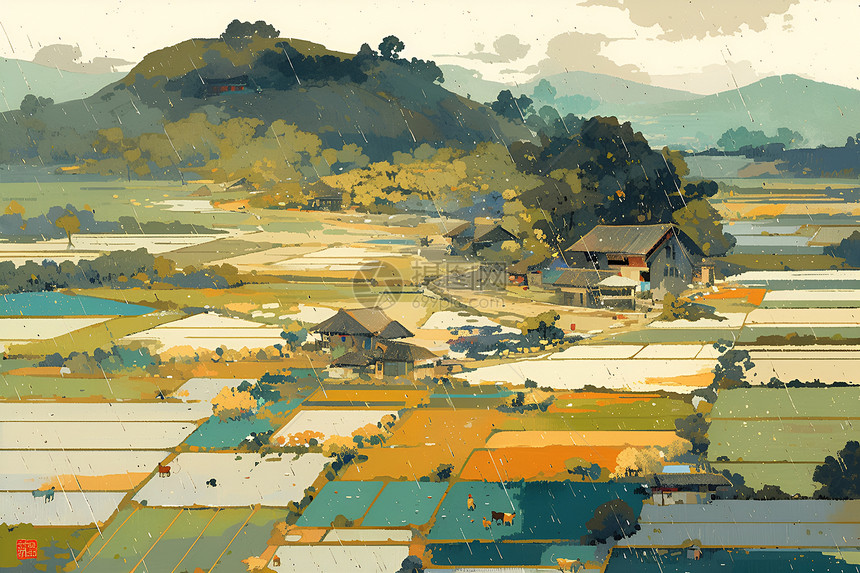 乡村的稻田插图图片