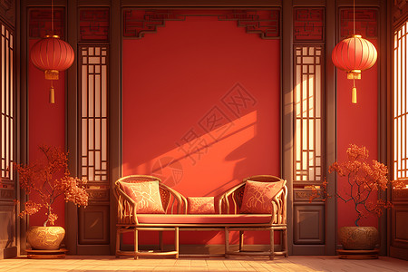 红色椅子古风居室插画