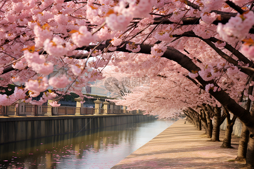 河边盛开的樱花树图片