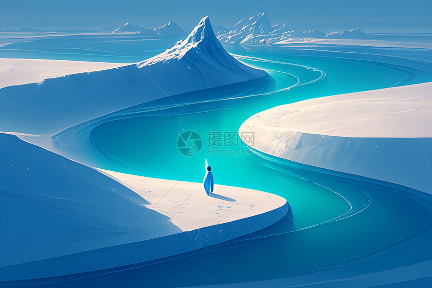 冰原河流上的旅行者图片