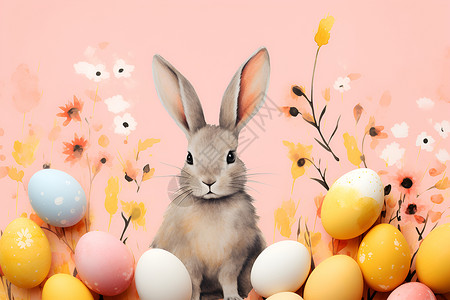 彩蛋装饰兔子与彩蛋插画