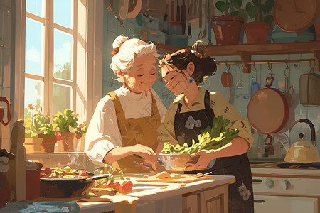 厨房老人两位家庭主妇在厨房插画