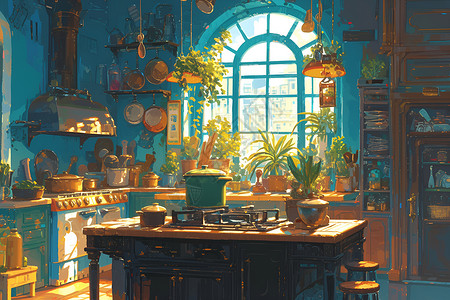 厨房空间欢快的魔幻厨房插画