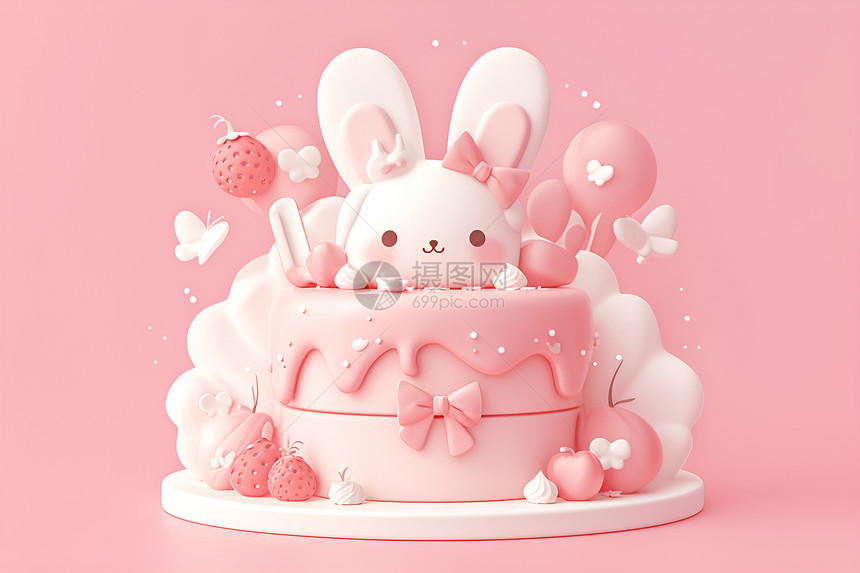 粉色蛋糕上的兔子图片